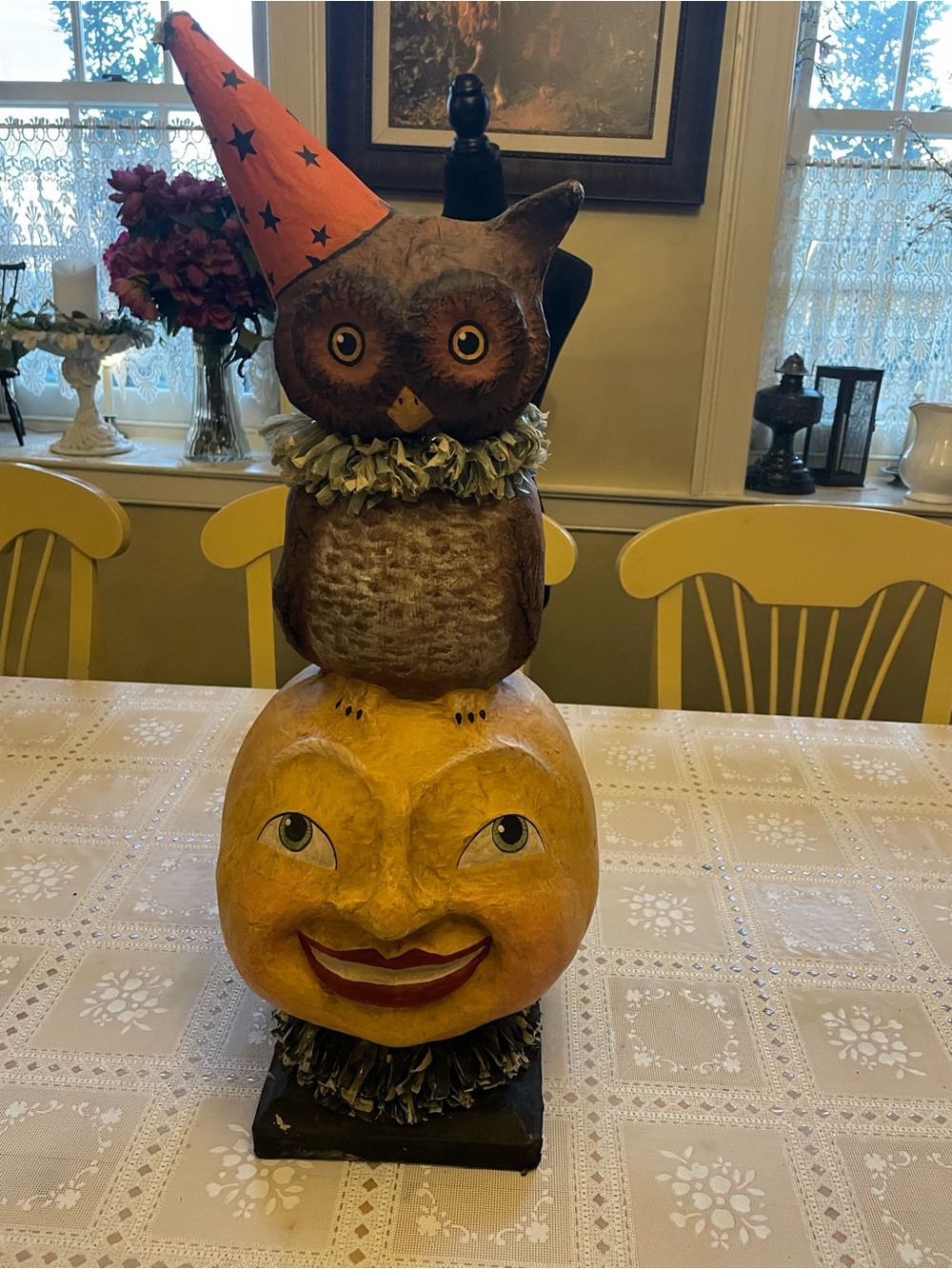 Folk Art Owl on Jack-o'-Lantern Stack with Orange Hat